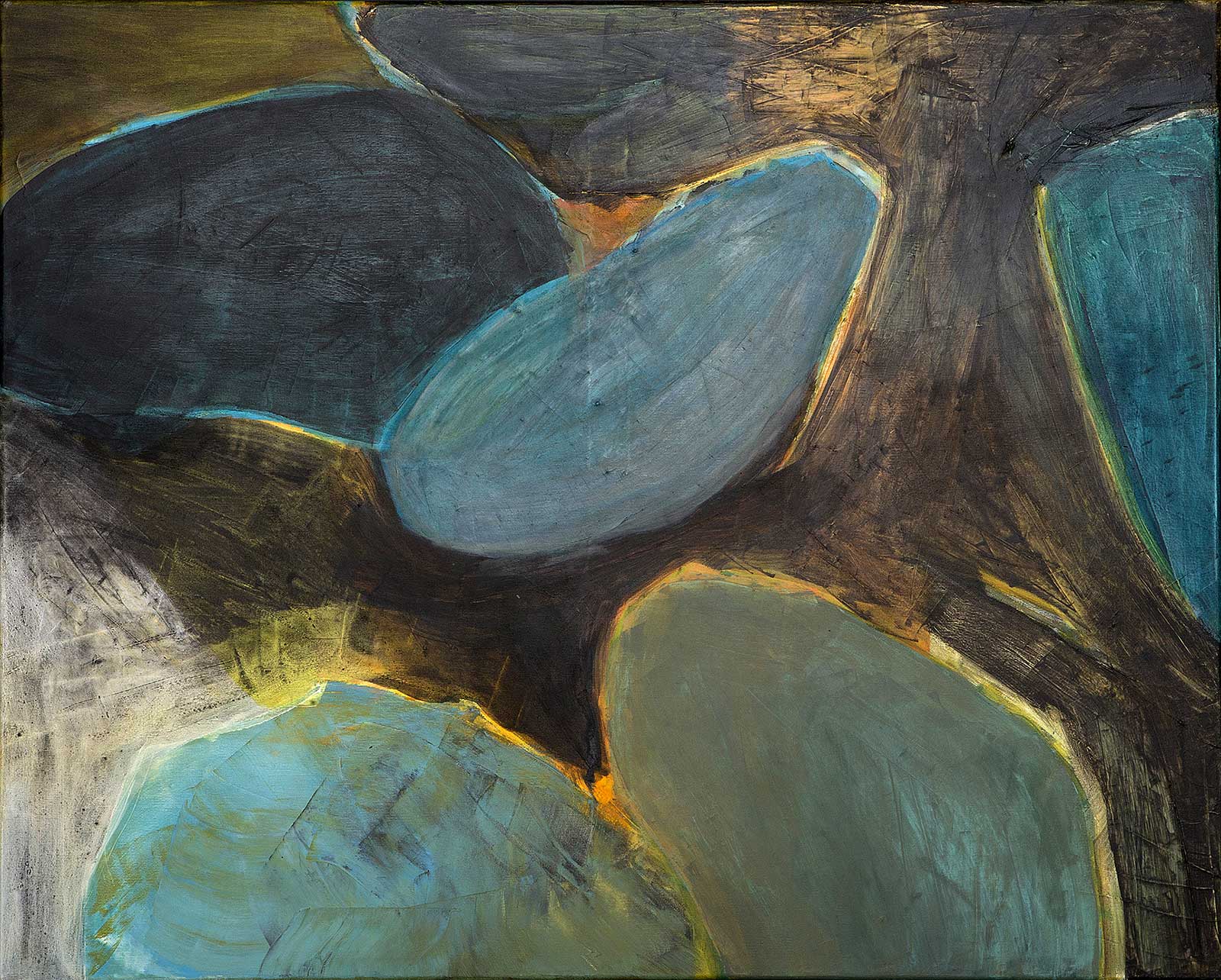 Das zeitgenössische Gemälde Form ist Grenze ist eine abstrakte Komposition mit Farbzellen von Doris Junker. Foto von Dagmar Morath.
