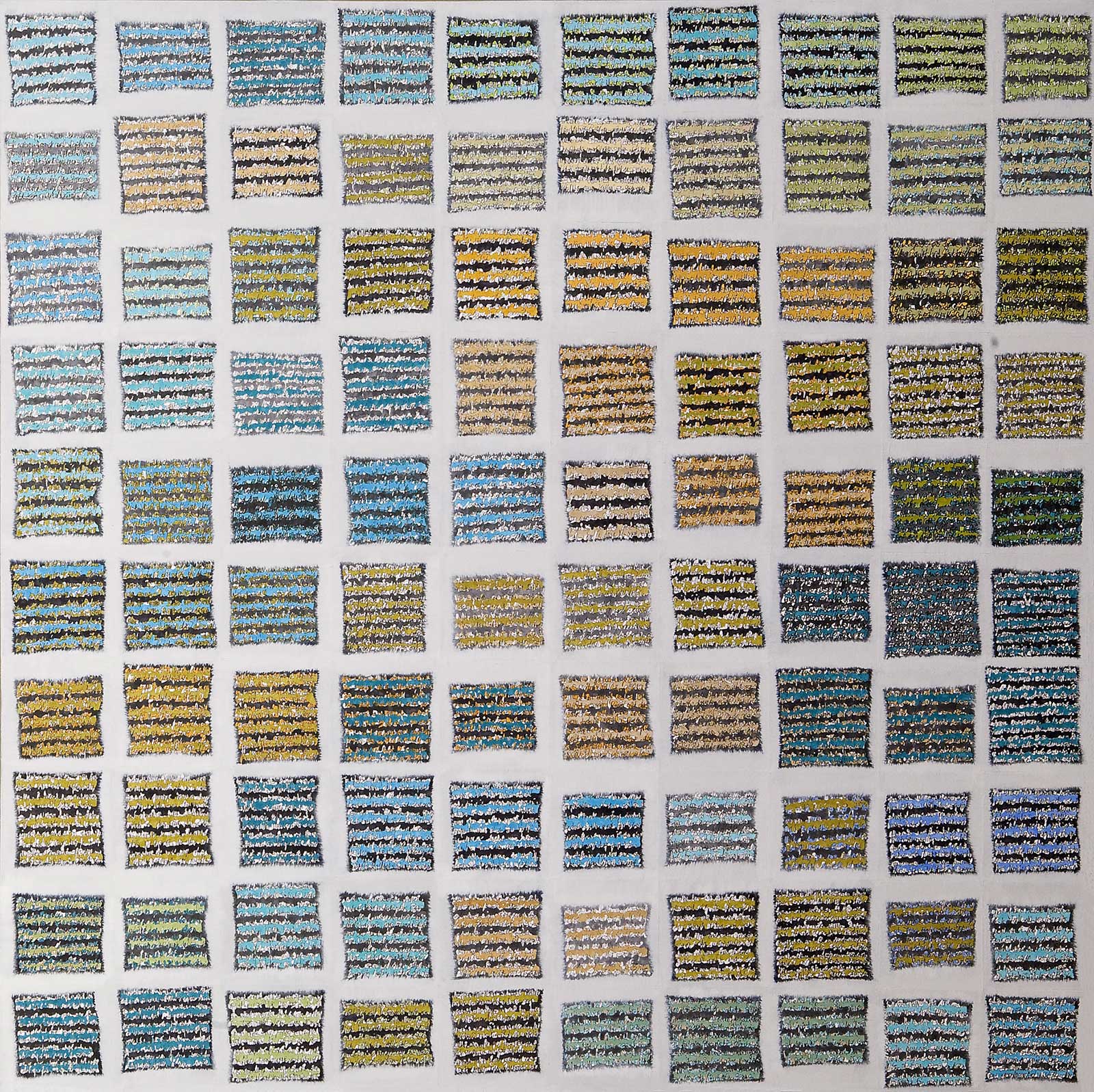 Die zeitgenössische Collage Zeit.Schriften (2) von Doris Junker ist eine abstrakte, experimentelle Auseinandersetzung mit Handschrift und ihrer Struktur in Kombination mit Farbe. Foto von Dagmar Morath.
