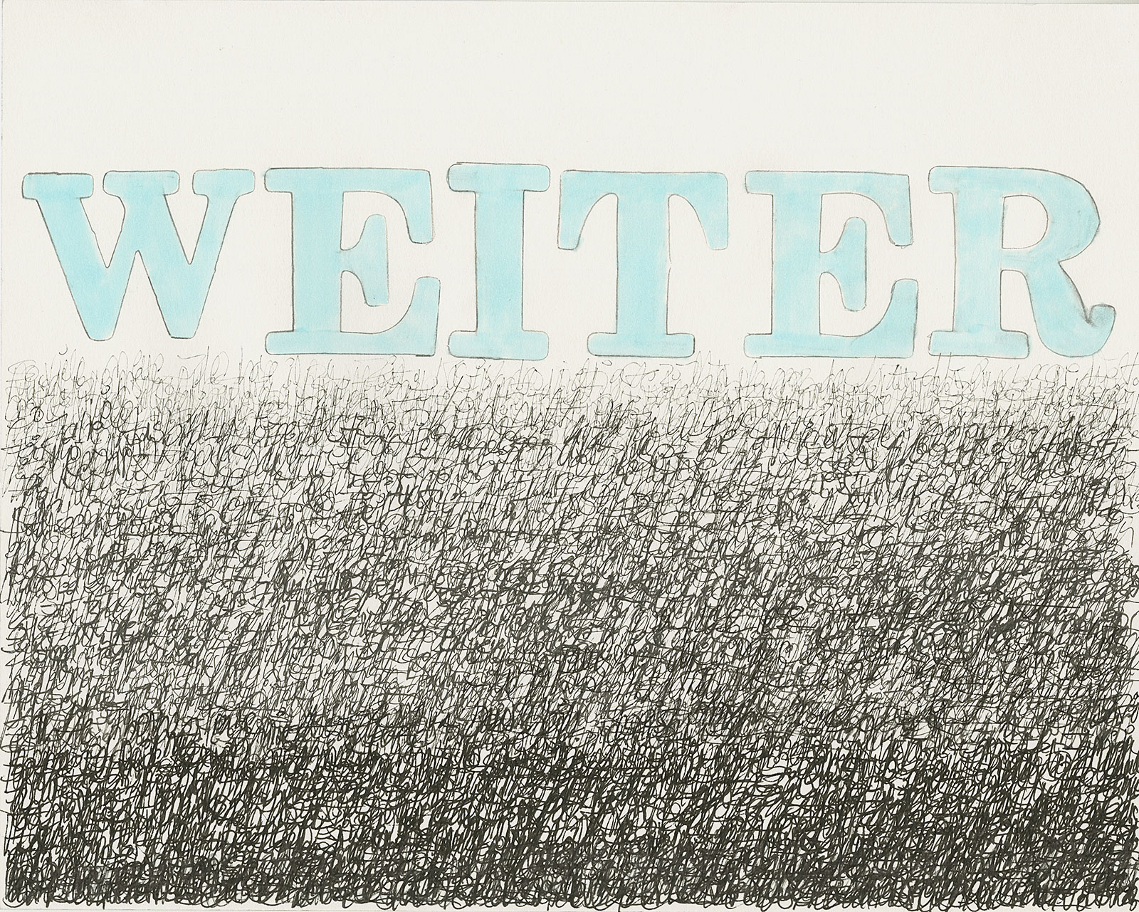 Die zeitgenössische Papierarbeit weiter von Doris Junker ist eine experimentelle Auseinandersetzung mit Schrift - Buchstaben und Handschrift in Kombination mit Farbe.